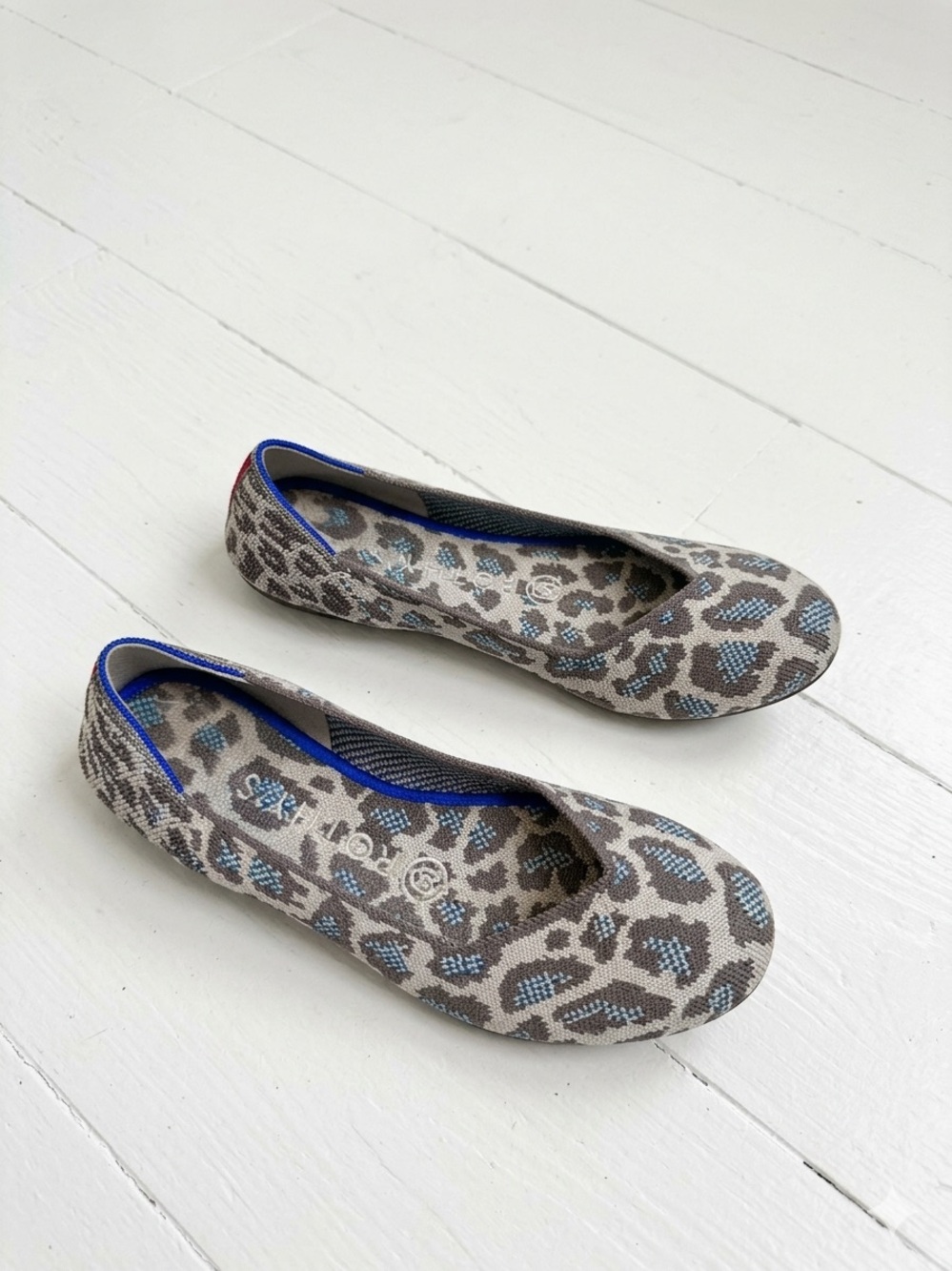 Rothy's Taupe and Blue Leopard Knit Ballet Flats. Retired. Size 6